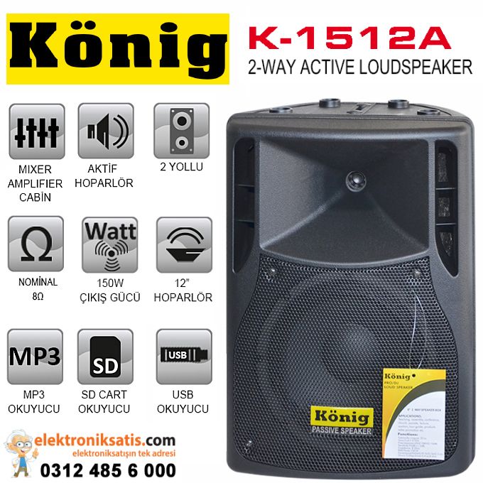 König K-1512A 12 inc Aktif Hoparlör