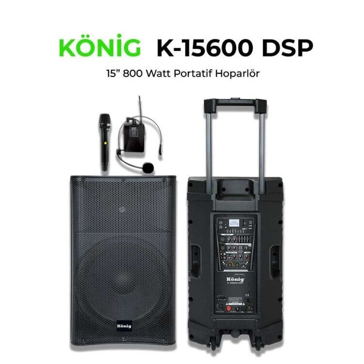 König K-15600 DSP 15'' 800 Watt Akülü El  + Yaka Mikrofonu